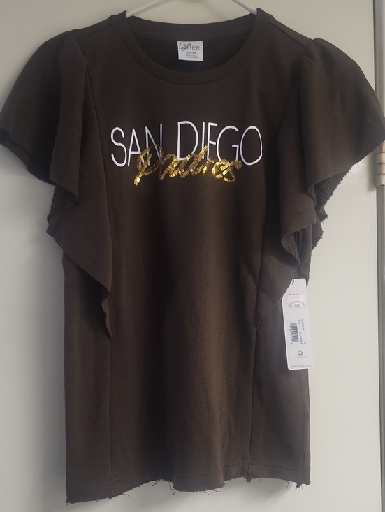 G-III for Her Tops - San Diego Padres Sequin Logo Tee - Brown with Gold